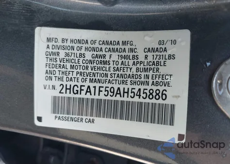 2010 Honda Civic Lx из США, поврежденный, VIN 2HGFA1F59AH545886